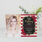 15e verjaardagsfeest met foto - zwart rood goud kaart (Staand voorkant)