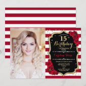 15e verjaardagsfeest met foto - zwart rood goud kaart (Voorkant / Achterkant)
