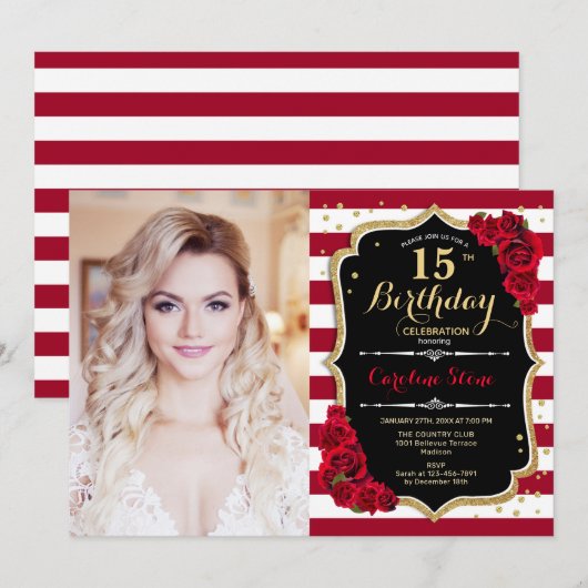 15e verjaardagsfeest met foto - zwart rood goud kaart (Voorkant / Achterkant)