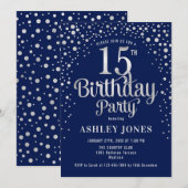 15e verjaardagsfeest - Navy & Silver Kaart (Voorkant / Achterkant)