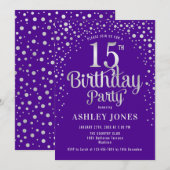 15e verjaardagsfeest - Paarse & zilveren Kaart (Voorkant / Achterkant)