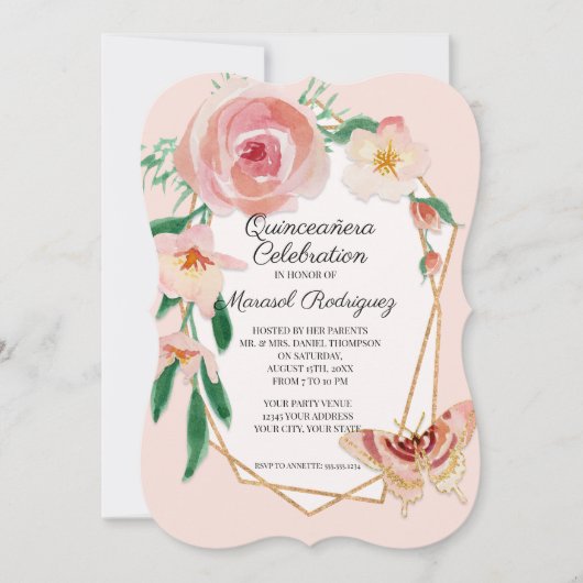 15e Verjaardagsfeest Quinceañera Blush Butterfly Kaart (Voorkant)