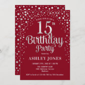 15e verjaardagsfeest - rood en zilver kaart (Voorkant / Achterkant)