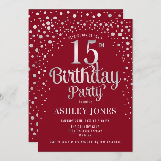 15e verjaardagsfeest - rood en zilver kaart (Voorkant / Achterkant)