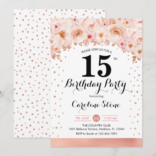 15e verjaardagsfeest - Roos Gouden Bloemen Kaart (Voorkant / Achterkant)