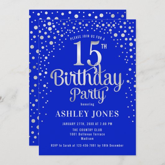15e verjaardagsfeest - Royal Blue & Silver Kaart (Voorkant / Achterkant)