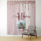 15e Verjaardagsfeest Roze Gouden Ballon Glitter Wandkleed (In situ)