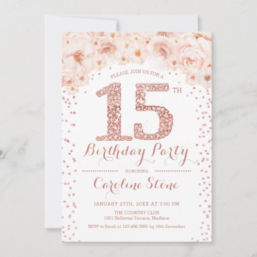 15e verjaardagsfeest - White Rose Gold Kaart (Voorkant)