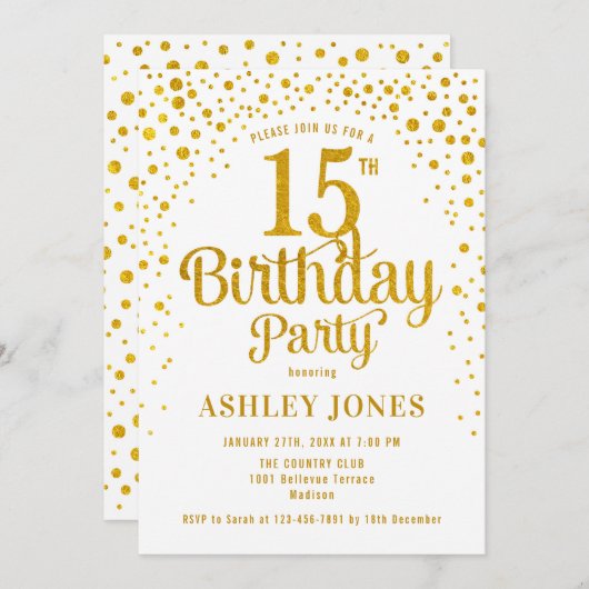 15e verjaardagsfeest - Wit & Goud Kaart (Voorkant / Achterkant)