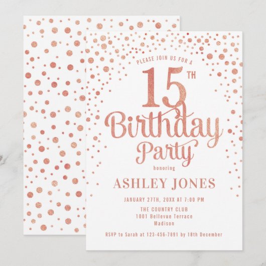 15e Verjaardagsfeest - Wit & Roos Goud Kaart (Voorkant / Achterkant)