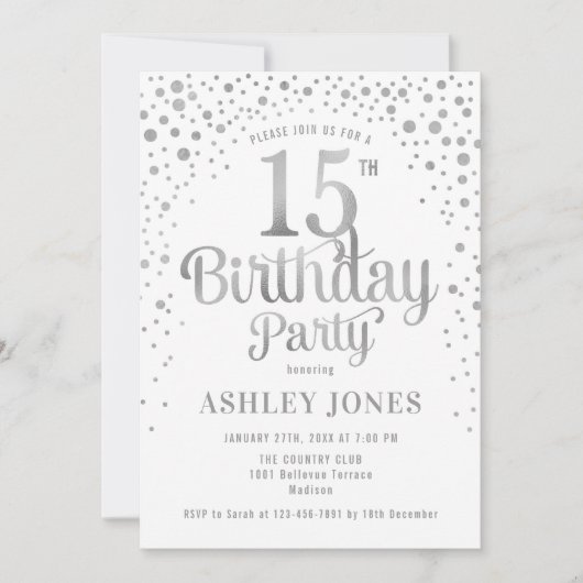 15e verjaardagsfeest - Wit & Zilver Kaart (Voorkant)