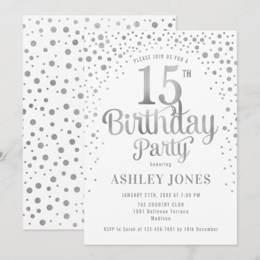 15e verjaardagsfeest - Wit & Zilver Kaart (Voorkant / Achterkant)