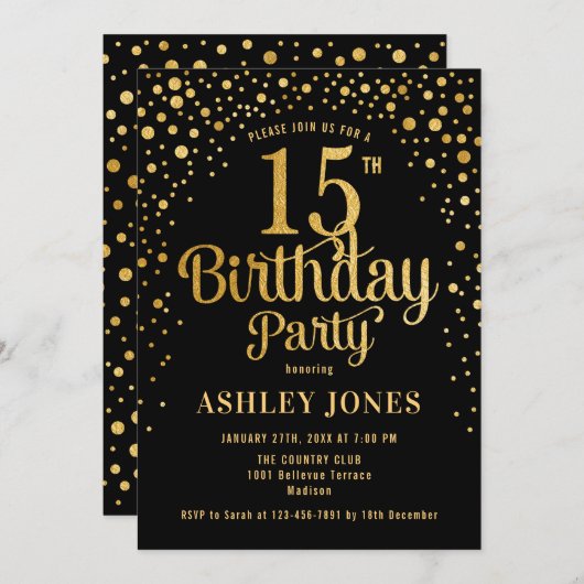 15e verjaardagsfeest - Zwart & Goud Kaart (Voorkant / Achterkant)