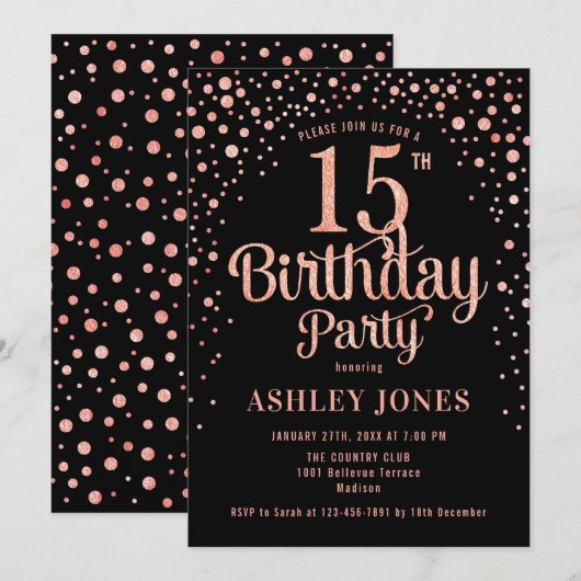 15e verjaardagsfeest - Zwart & Roos Goud Kaart (Voorkant / Achterkant)