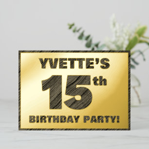15e Verjaardagsfeestje — Krachtige, Nep Houtstruct Folie Uitnodiging