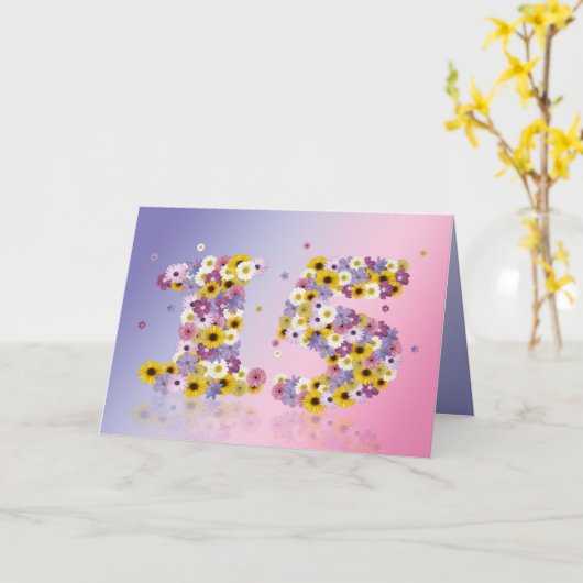 15e verjaardagskaart met bloemrijke letters kaart (Gele Bloem)