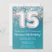 15e verjaardagsuitnodiging Blauwgroen zilveren gli Kaart (Voorkant)