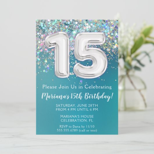 15e verjaardagsuitnodiging Blauwgroen zilveren gli Kaart (Staand voorkant)