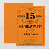 15e verjaardagsuitnodiging zwart en Sinaasappel Kaart (Voorkant / Achterkant)