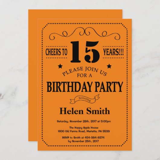 15e verjaardagsuitnodiging zwart en Sinaasappel Kaart (Voorkant / Achterkant)