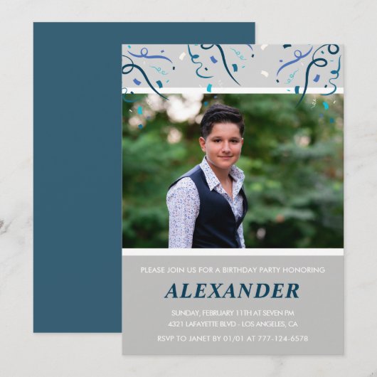 15e verjaardagsuitnodigingen Mannen Confetti Photo Kaart (Voorkant / Achterkant)