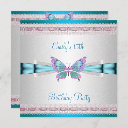 15e witte Blauwgroen blauwe roze vlinder Birthday Kaart (Voorkant / Achterkant)