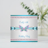 15e witte Blauwgroen blauwe roze vlinder Birthday Kaart (Staand voorkant)