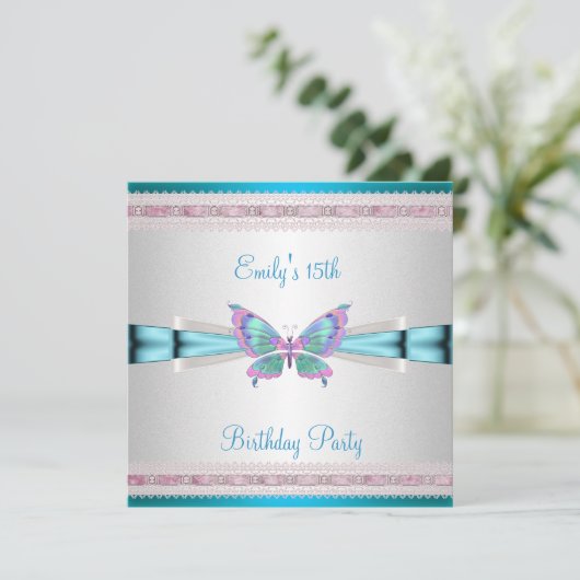 15e witte Blauwgroen blauwe roze vlinder Birthday Kaart (Staand voorkant)