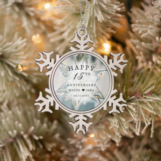 15e zwart + wit kristal bruiloft Jubileum Tin Sneeuwvlok Ornament (Boom)