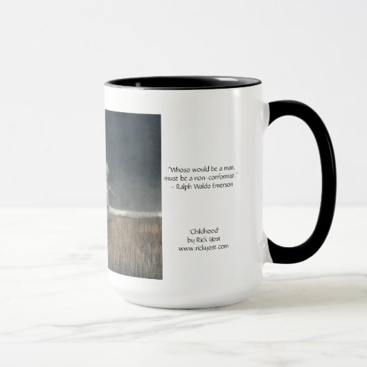 15oz mok met 'Kindertijd' kunst en Emerson citaat. (Rechts)