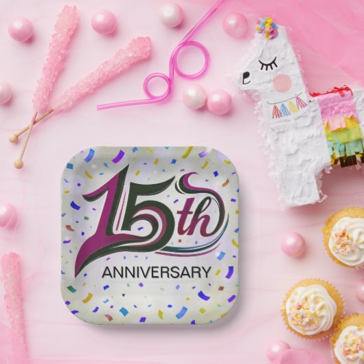15th Anniversary Text With Party Confetti Papieren Bordje (Feest)