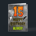 15th Birthday: Eerie Halloween Theme   Custom Name Kaart<br><div class="desc">The front of this spooky and scary Hallowe’en themed birthday greeting card design features a large number “15”. It also features the message “HAPPY BIRTHDAY, ”, and a custom name. There are also depictions of a bat and a ghost on the front. The inside features a custom birthday greeting message,...</div>