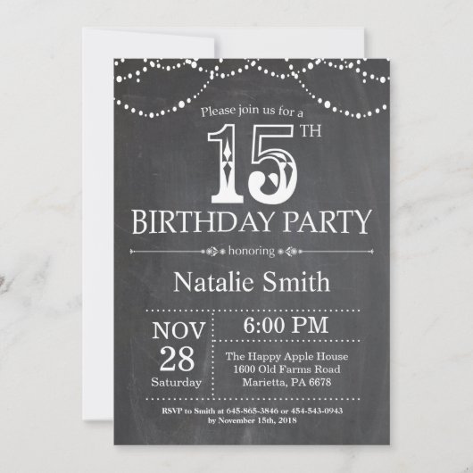 15th Birthday Invitation Chalkboard String Lights Kaart (Voorkant)