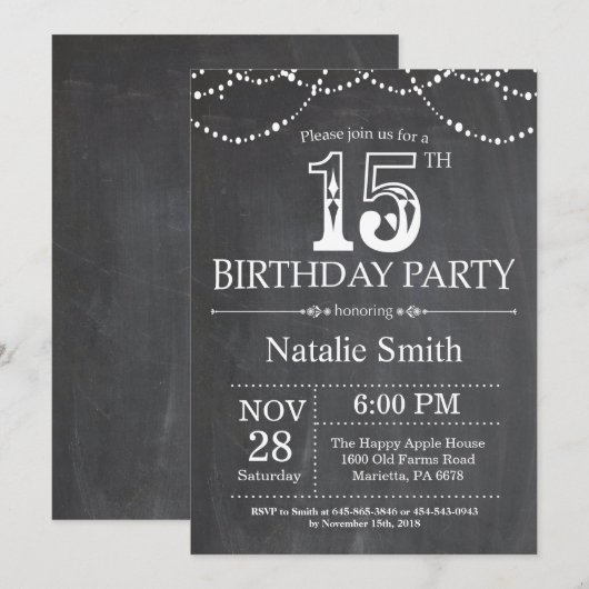 15th Birthday Invitation Chalkboard String Lights Kaart (Voorkant / Achterkant)