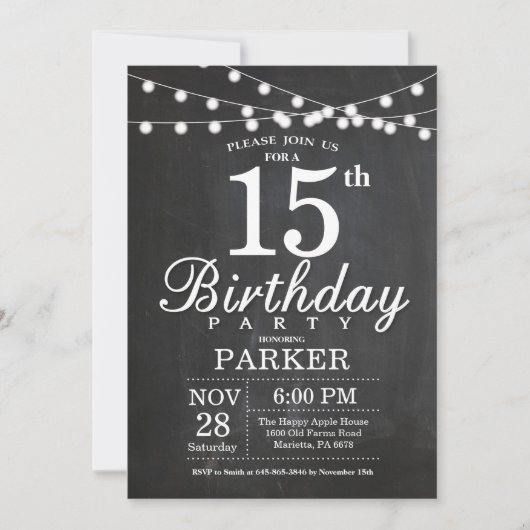15th Birthday Invitation Chalkboard String Lights Kaart (Voorkant)