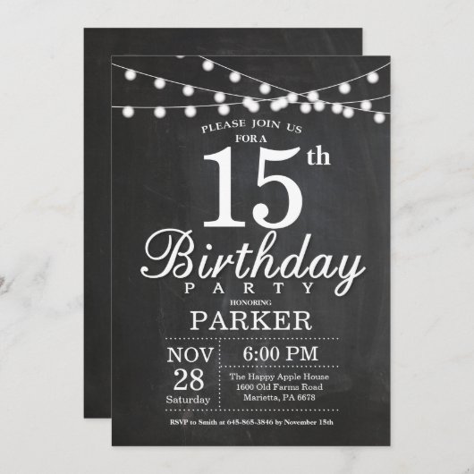 15th Birthday Invitation Chalkboard String Lights Kaart (Voorkant / Achterkant)