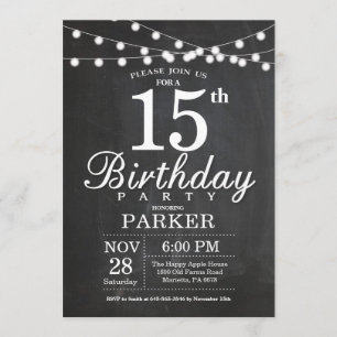 15th Birthday Invitation Chalkboard String Lights Kaart