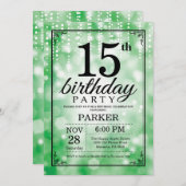 15th Birthday Invitation Green Glitter Kaart (Voorkant / Achterkant)