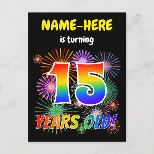 15th Birthday - Leuk vuurwerk, Rainbow Look "15" Briefkaart (Voorkant)