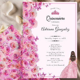 15th birthday Pink Roses and Dress Quinceanera Kaart