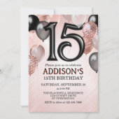 15th Birthday Roos Gold Balloons Invitation Kaart (Voorkant)
