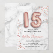 15th Birthday - Roos Gouden Ballonnen Marmeren Eff Kaart (Voorkant / Achterkant)