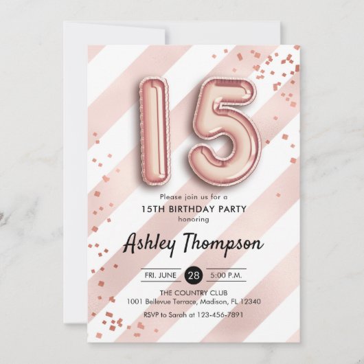 15th Birthday - Stripes Roos Gouden Ballonnen Kaart (Voorkant)