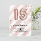 15th Birthday - Stripes Roos Gouden Ballonnen Kaart (Staand voorkant)