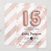 15th Birthday - Stripes Roos Gouden Ballonnen Kaart (Voorkant / Achterkant)