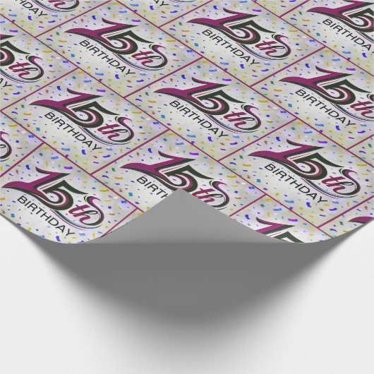 15th Birthday Text With Party Confetti Cadeaupapier (Hoek)
