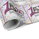 15th Birthday Text With Party Confetti Cadeaupapier (Rol Hoek)