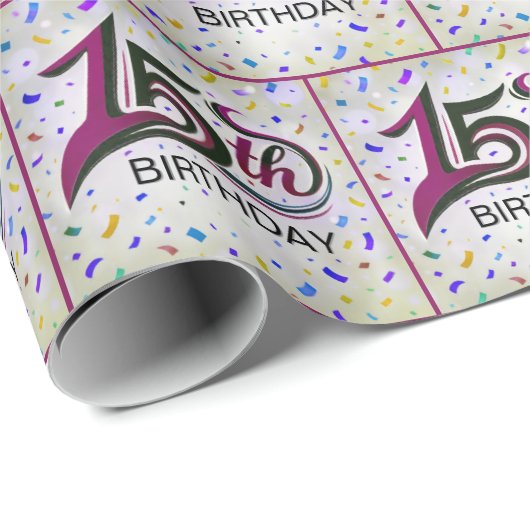 15th Birthday Text With Party Confetti Cadeaupapier (Rol Hoek)