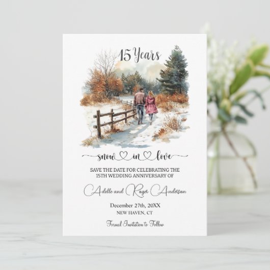 15th Wedding Anniversary Winter Landscape Romantic Save The Date (Staand voorkant)