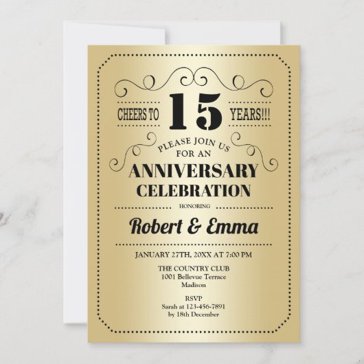 15th Wedding Jubileum Party - Goud Zwart Kaart (Voorkant)